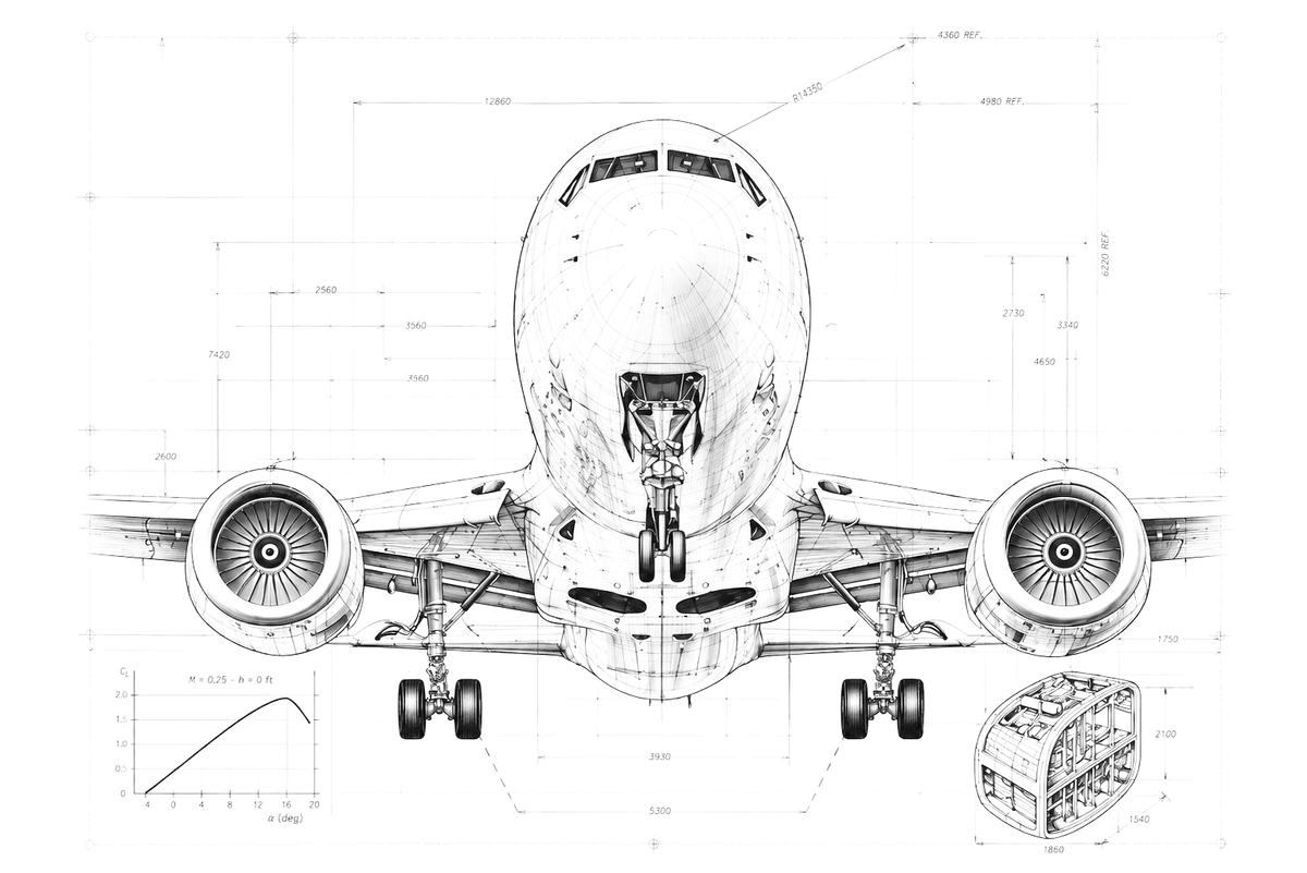 Disegno tecnico di un velivolo bireattore — copertina delle monografie di Costruzioni Aeronautiche